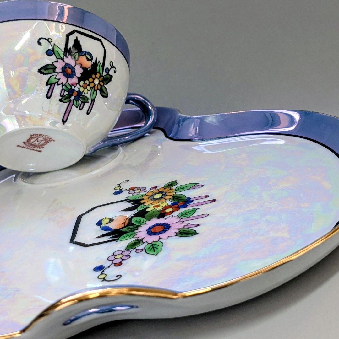 オールドノリタケ アールデコ期 虹ラスター彩 南国鳥と花絵柄の スナックセット