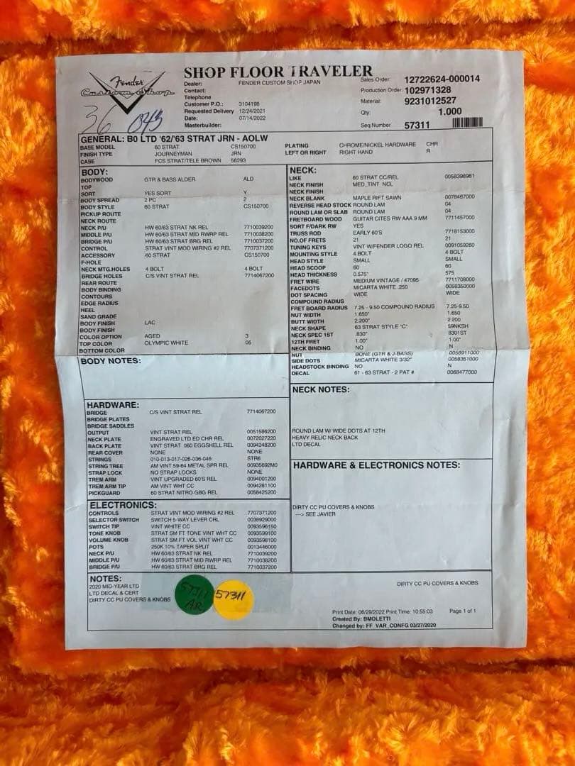 T*ト様 Fender Custom Shop 62/63 Stratocast