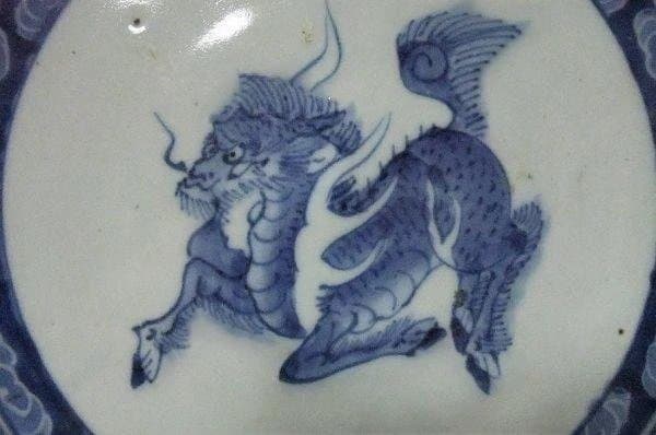 古伊万里 染付 麒麟 雲文 山水 大皿 江戸後期 継ぎ手 径;47cm 骨董