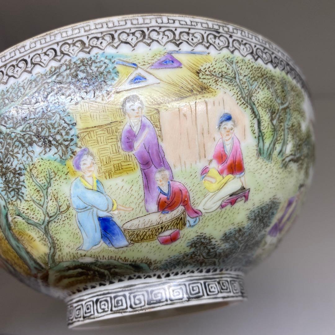 中国清時代　乾隆年製　薄胎極上人物風景画鉢　箱付　東Y7-0331☆2Fトヒト