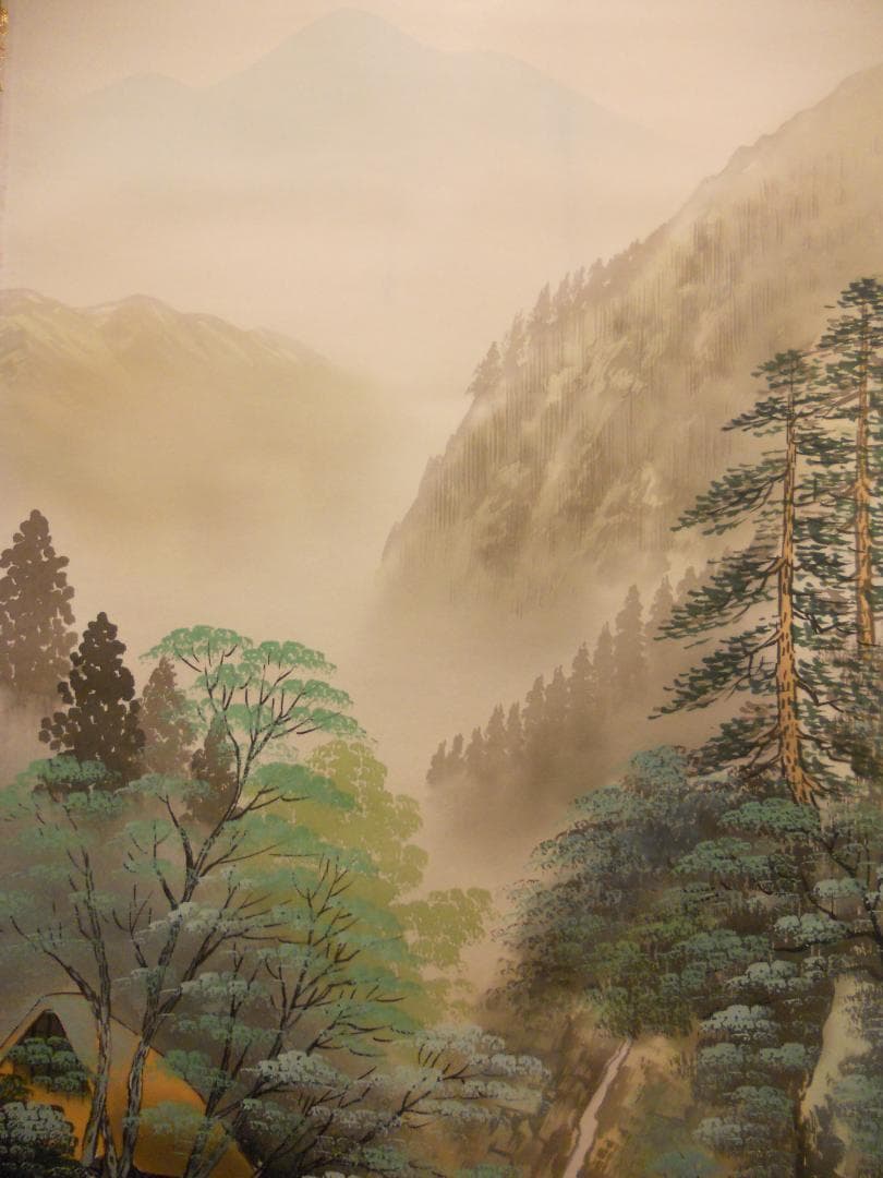 掛け軸 紫峰 『 彩色夏景 』 絹本 希少 軸装 茶道具 掛軸 美品 です。