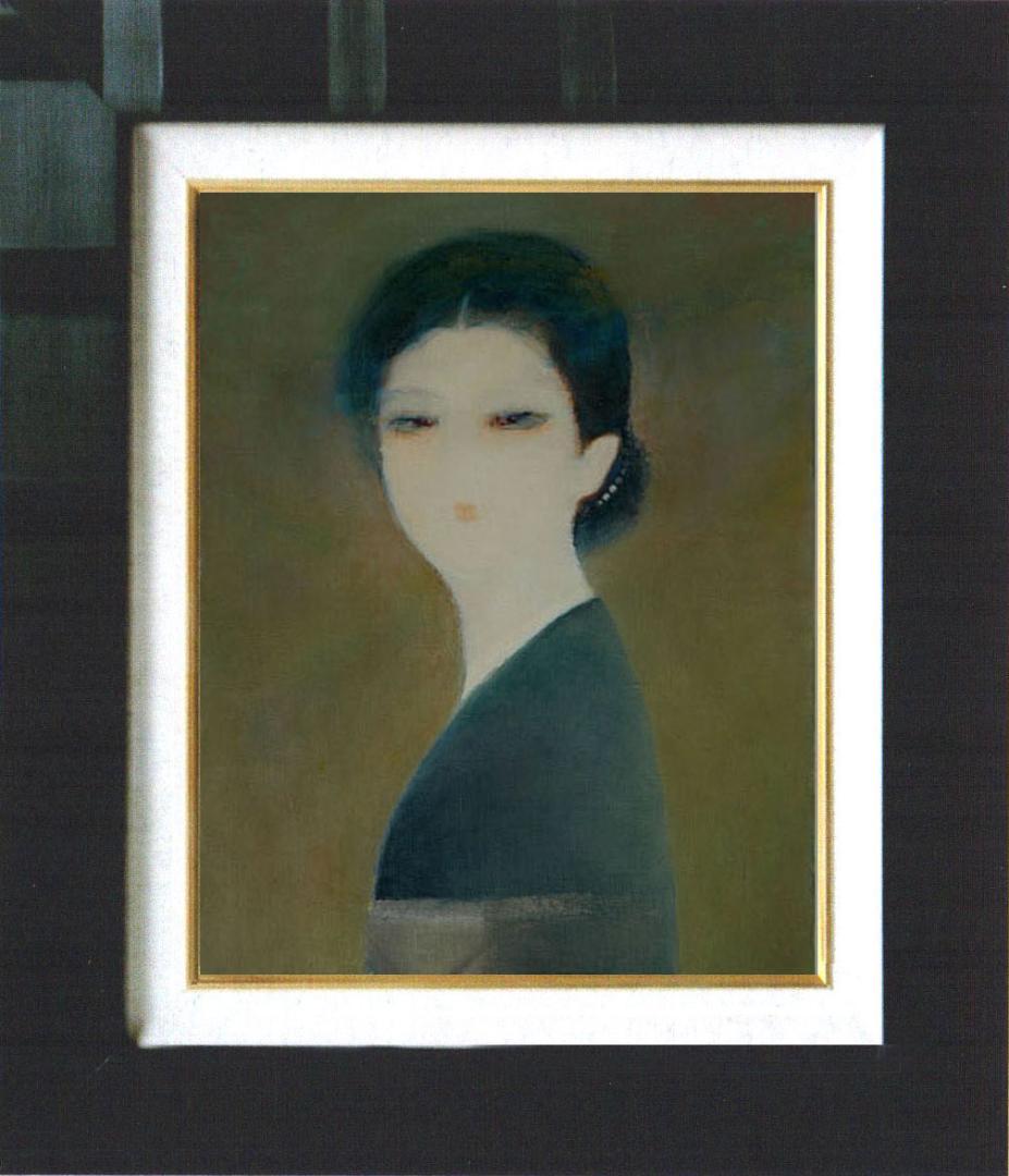 油絵 菅家令子 絵 絵画インテリア 額付(青緑＋金色の枠)F4-070312女性