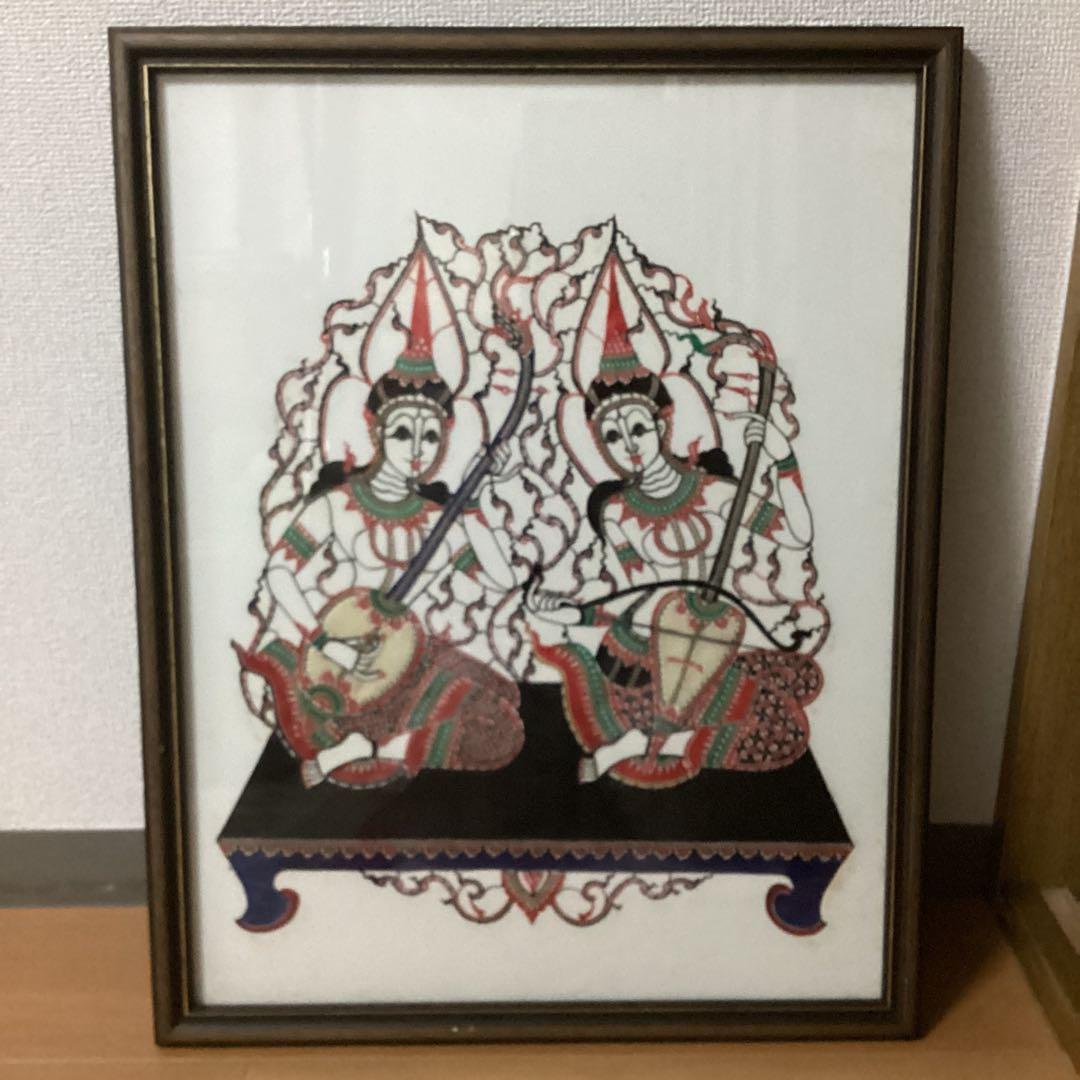 インドネシア　民芸品　布製カロチャ刺繍調　リシェリュ風カットワーク 　木枠額装