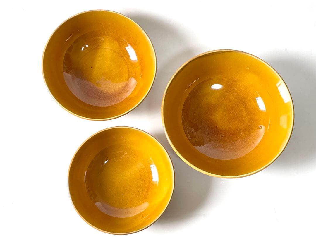 骨董　アンティーク　珉平焼　民平　山吹色　三つ組　入れ子　鉢　ボウル　器