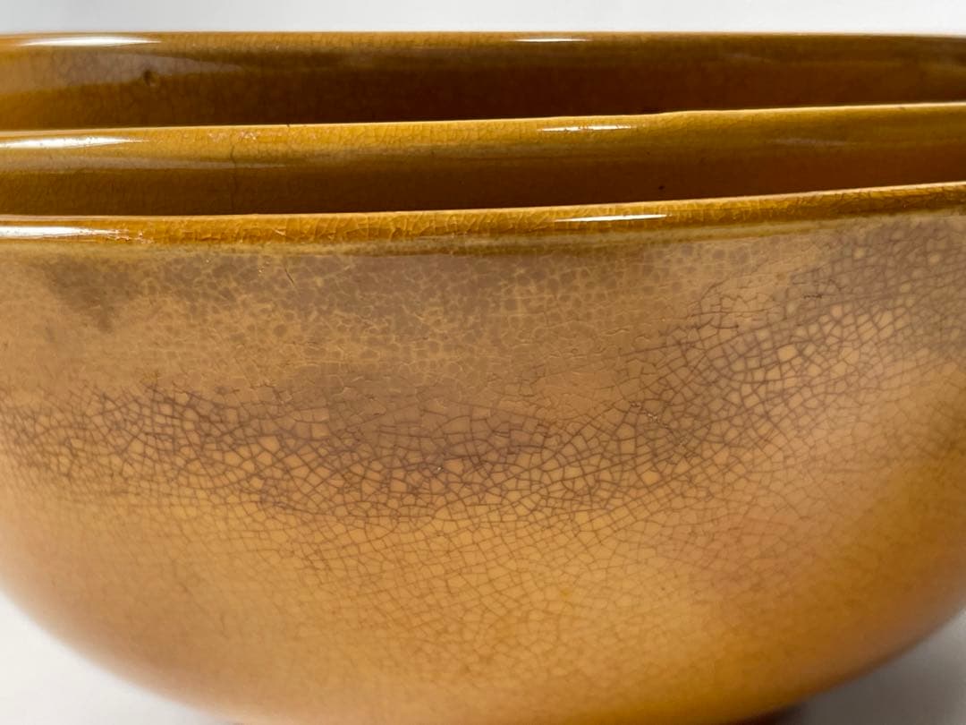 骨董　アンティーク　珉平焼　民平　山吹色　三つ組　入れ子　鉢　ボウル　器