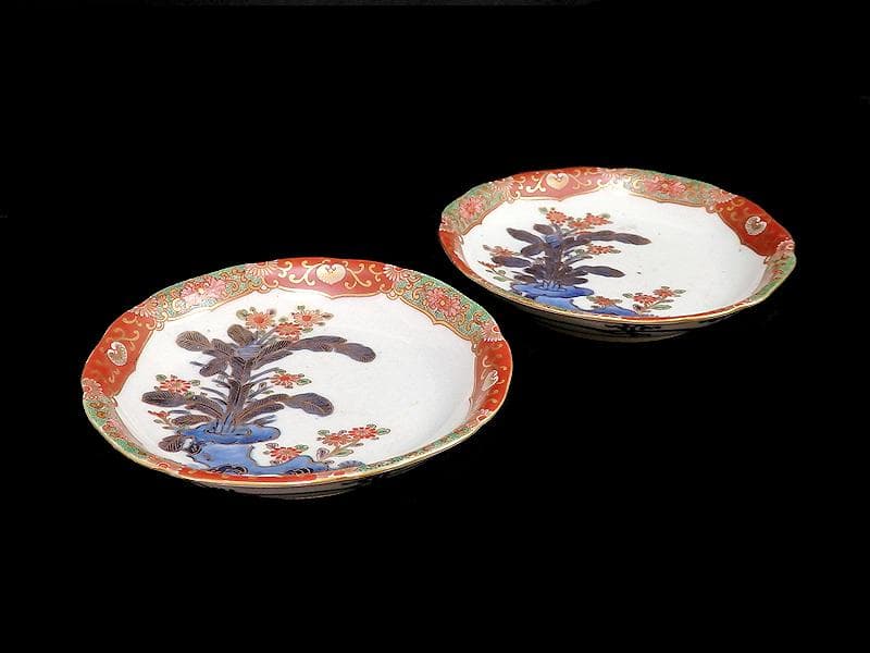 古伊万里　色絵　芭蕉葉に花の図　５寸皿　２枚　A674AS-CFw