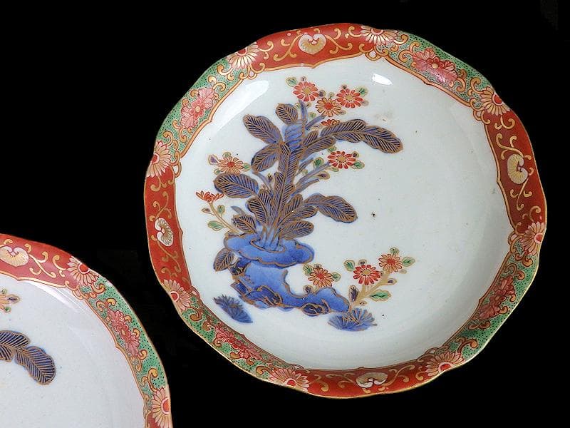 古伊万里　色絵　芭蕉葉に花の図　５寸皿　２枚　A674AS-CFw