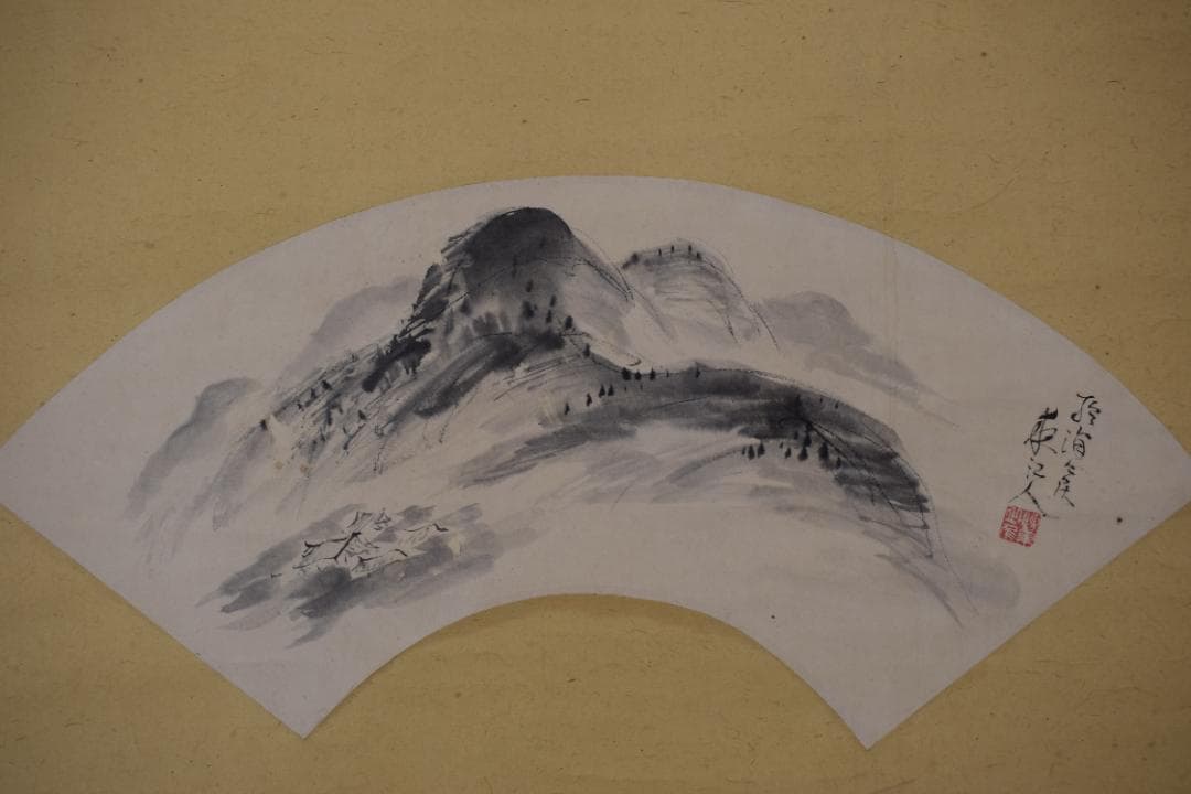 【真作】大河内夜江/扇面山水図/横物/掛軸☆宝船☆Y-899　JM