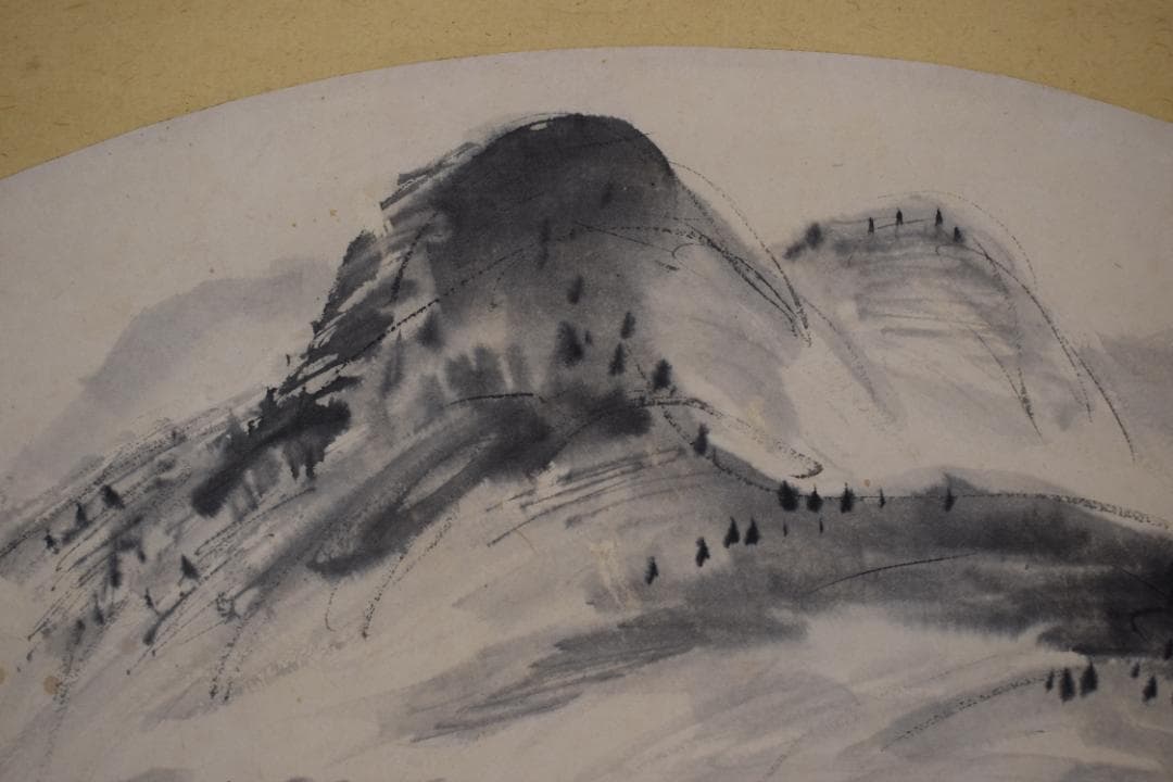 【真作】大河内夜江/扇面山水図/横物/掛軸☆宝船☆Y-899　JM