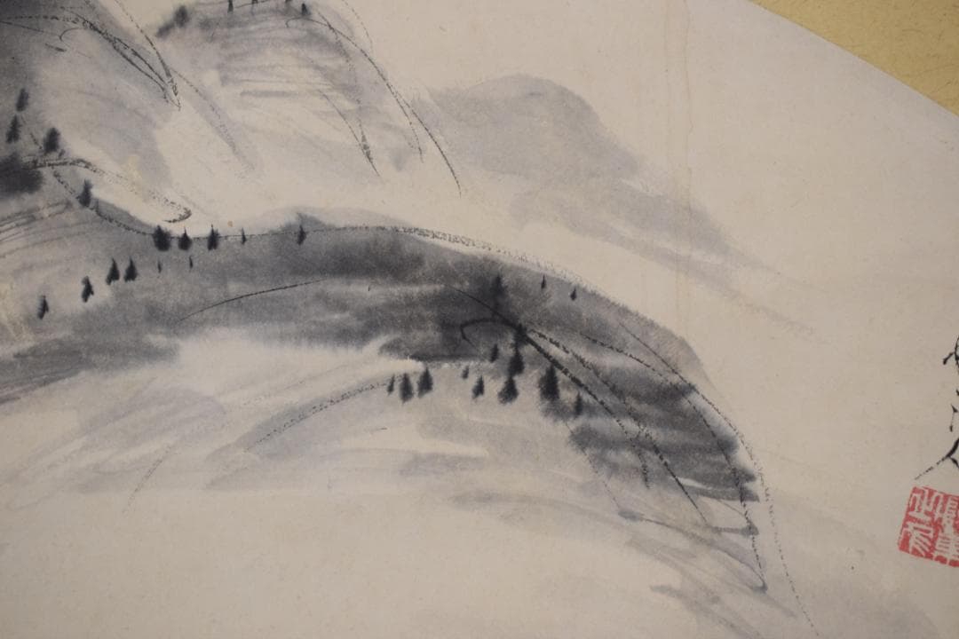 【真作】大河内夜江/扇面山水図/横物/掛軸☆宝船☆Y-899　JM