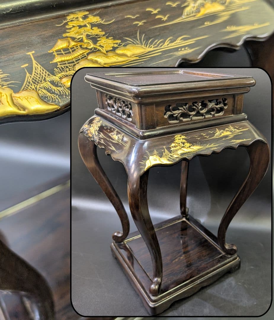 大名道具 唐木 猫脚 木製 透かし彫 花台 高卓 無垢材 黒檀　高蒔絵 螺鈿細工