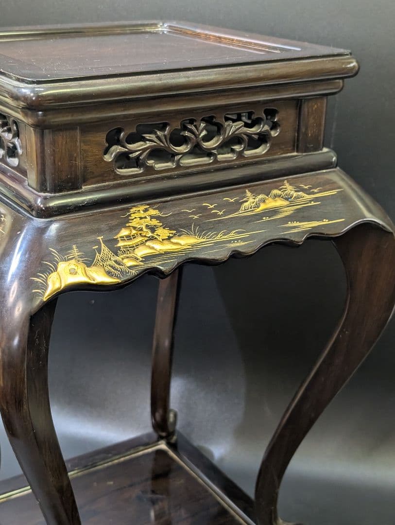 大名道具 唐木 猫脚 木製 透かし彫 花台 高卓 無垢材 黒檀　高蒔絵 螺鈿細工