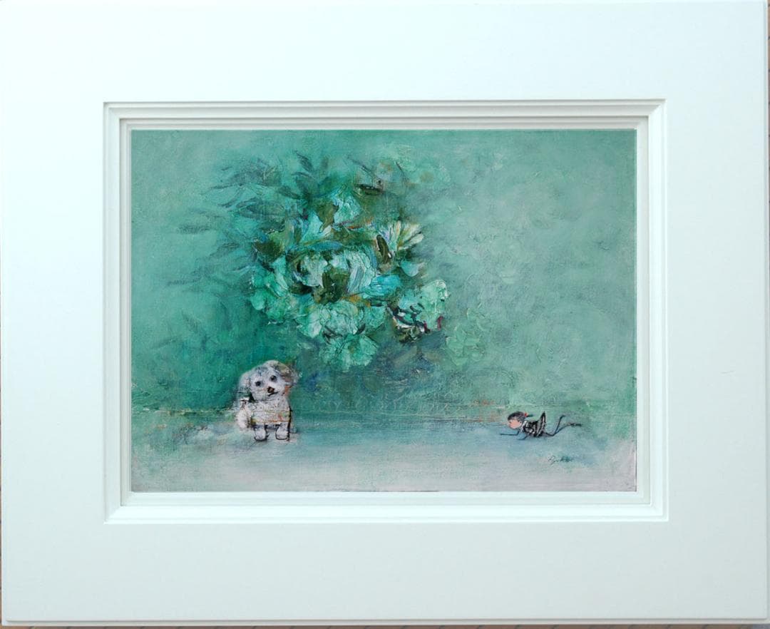 油絵 菅家令子 絵 絵画インテリア額付(黒) uF6-071719 子犬と蟻さん