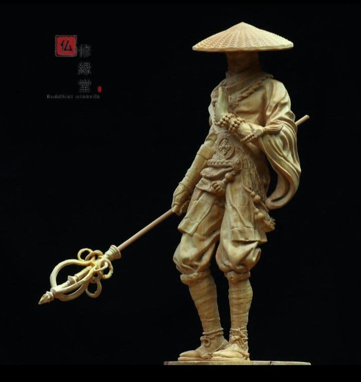 【修縁堂】木彫り 禅意 武僧立像 勝運置物 彫刻 仏教工芸 柘植材 仏師で仕上げ