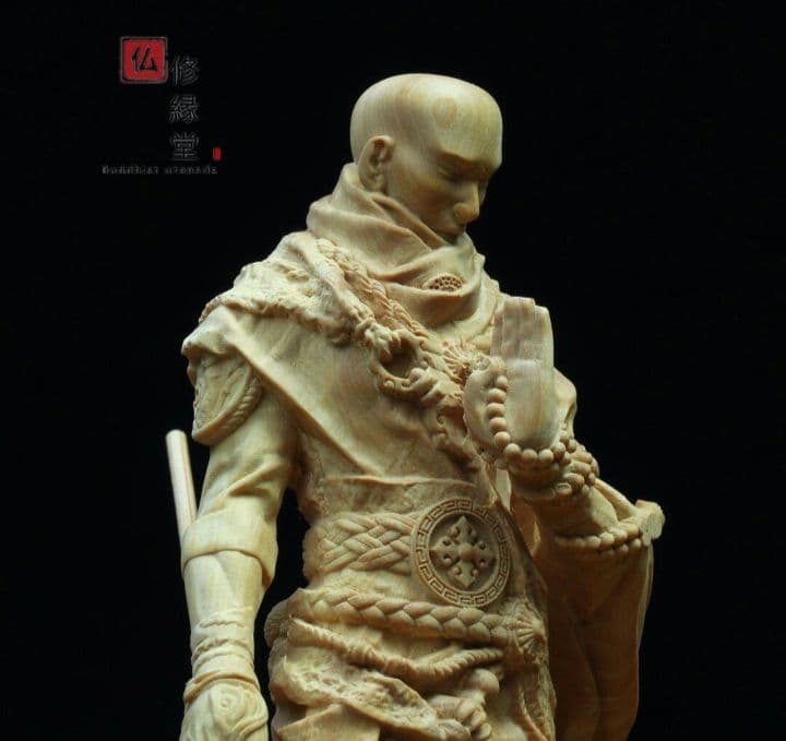 【修縁堂】木彫り 禅意 武僧立像 勝運置物 彫刻 仏教工芸 柘植材 仏師で仕上げ
