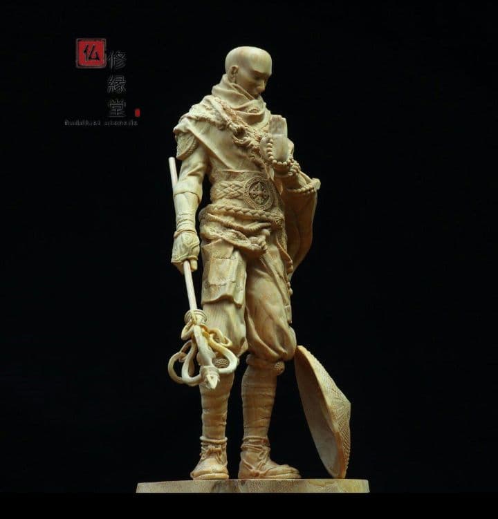 【修縁堂】木彫り 禅意 武僧立像 勝運置物 彫刻 仏教工芸 柘植材 仏師で仕上げ