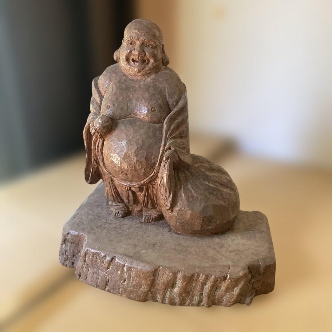 木製 笑顔の仏像 約30cm 彫刻　オブジェ　布袋様