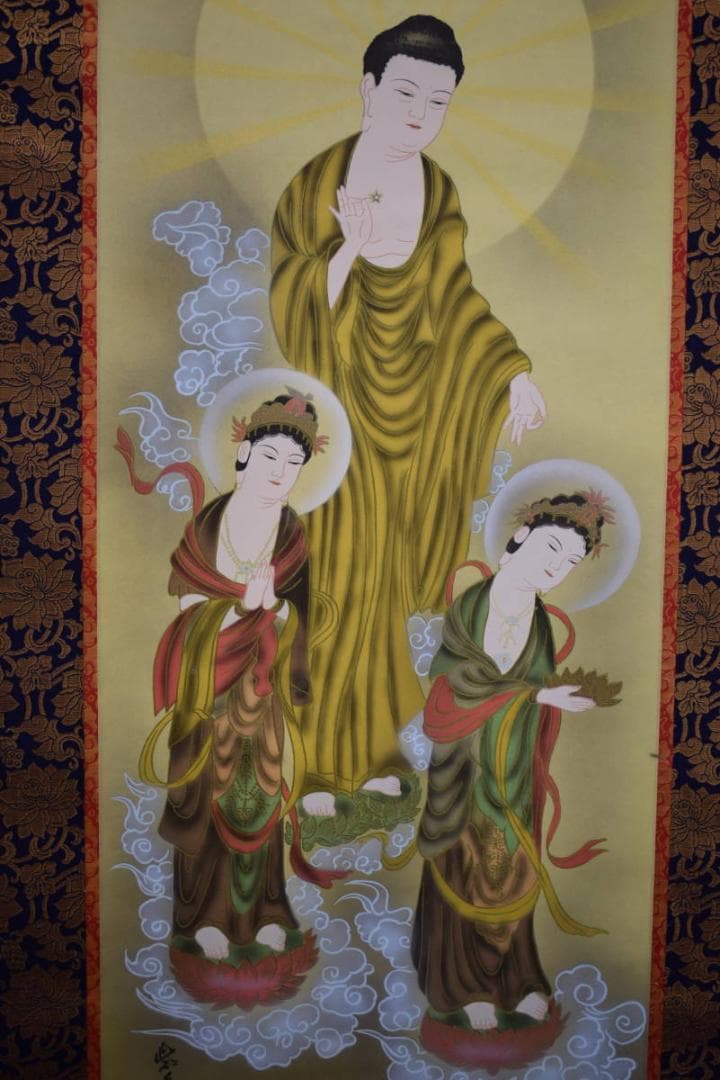 真作/紫雪/三尊仏/三尊佛/桐共箱付/布袋屋掛軸HH-582