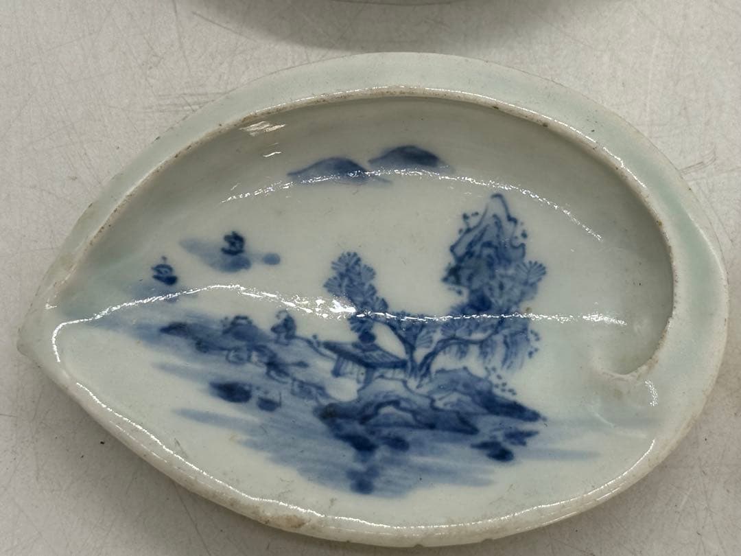 江戸　古伊万里　染付　鮑形山水人物紋小皿6点　　送料込み260130