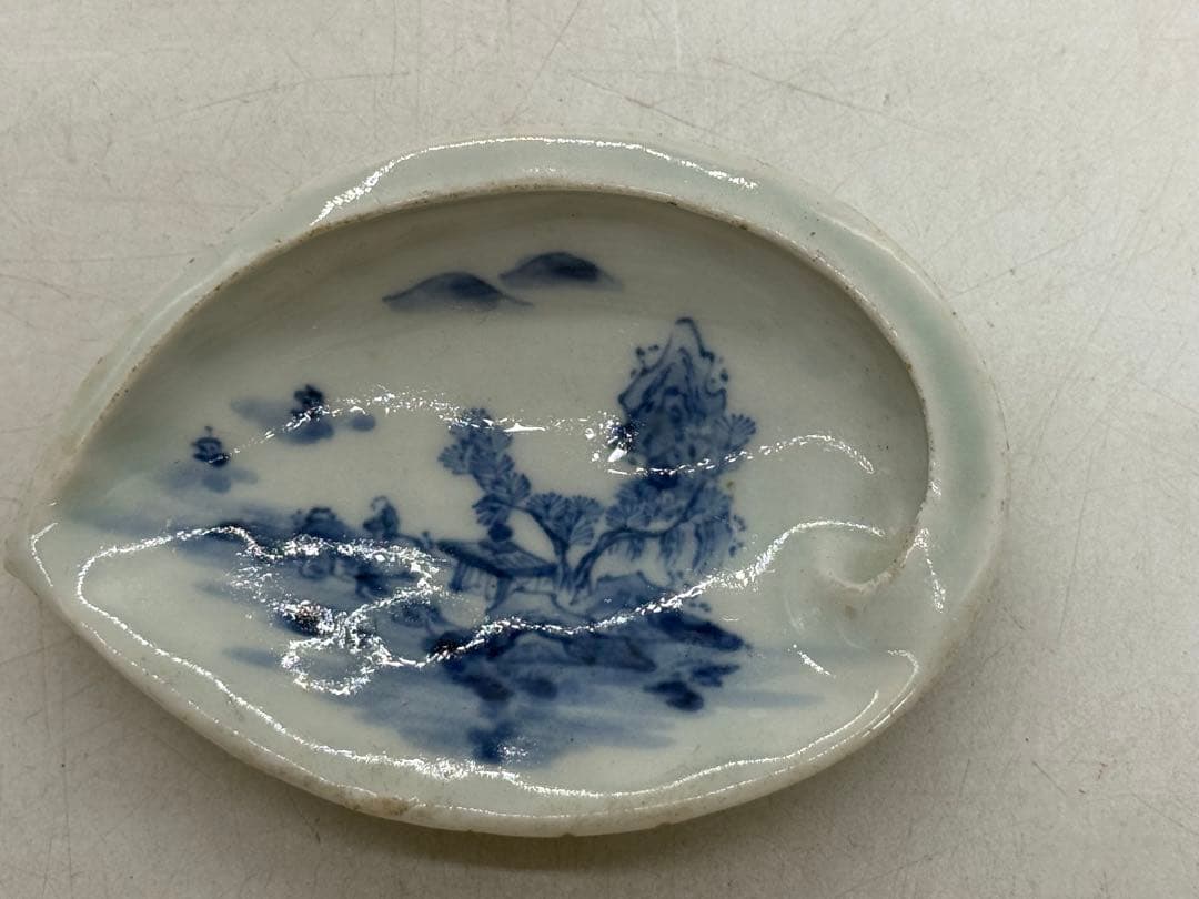 江戸　古伊万里　染付　鮑形山水人物紋小皿6点　　送料込み260130