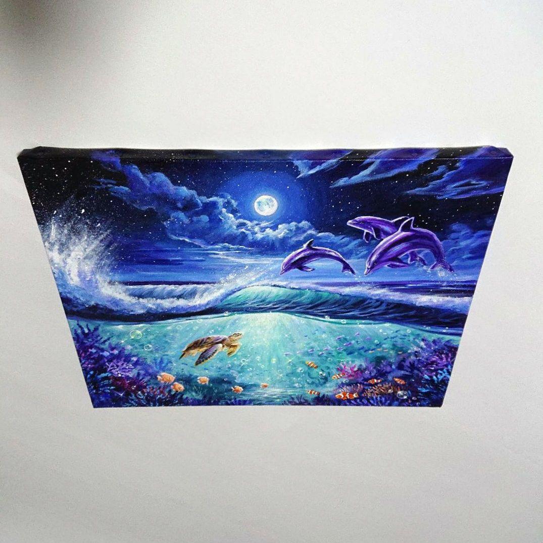 【月夜に輝く海の世界】アクリル画 F6 風景画 絵画 動物画 海の絵