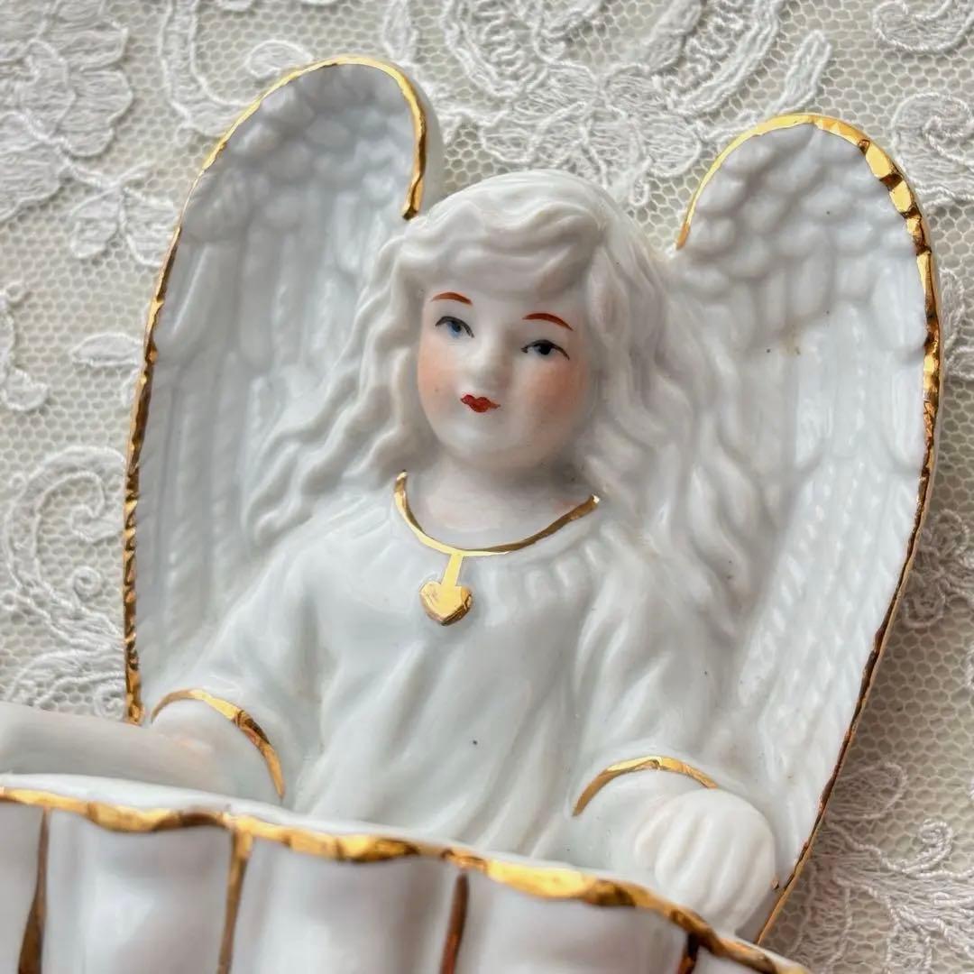 【フランス】天使の聖水盤 陶磁器 ヴィンテージ オブジェ 壁掛け 白磁 金彩