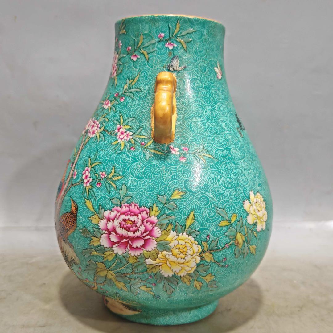 美術品　置物　粉彩雙耳尊　「乾隆御製」銘