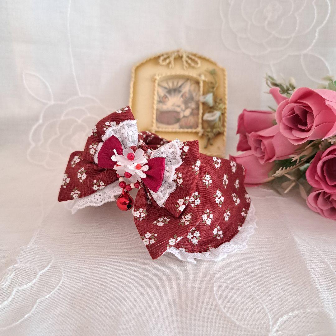 フラワー柄(バーガンディ)わんちゃん猫ちゃん用襟付首輪