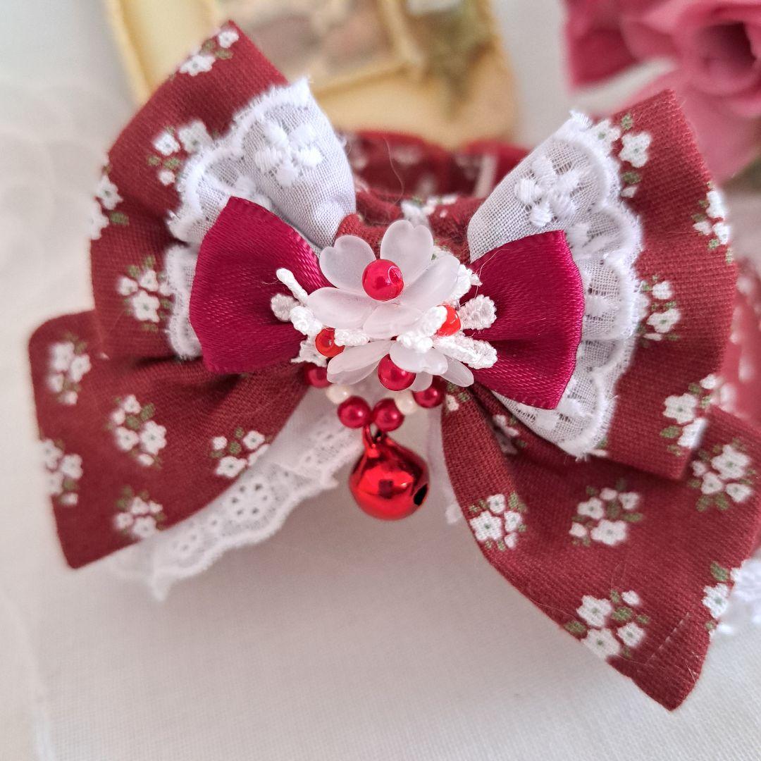 フラワー柄(バーガンディ)わんちゃん猫ちゃん用襟付首輪