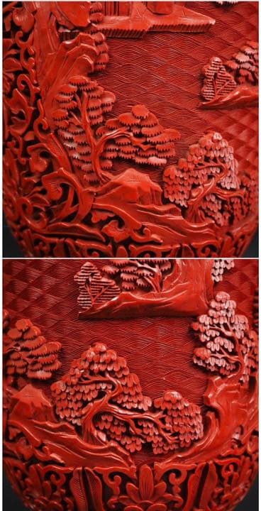 送料無料極上品　細密山水楼閣彫堆朱花瓶 紫檀台付 　全高さ40ｃｍ　中国古玩