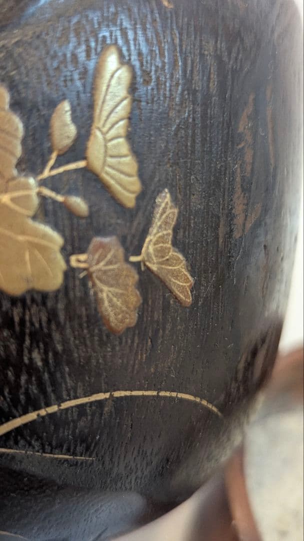 時代物　小型手あぶり火鉢　一刀彫 蒔絵　古道具　アンティーク　骨董　天然木