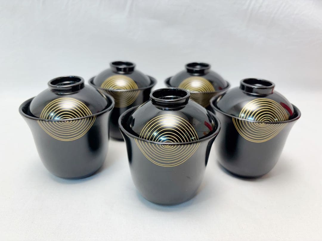 未使用 懐石道具 輪島塗 木製黒真塗 渦蒔絵 箸洗5客揃 小吸物椀 和食器 共箱