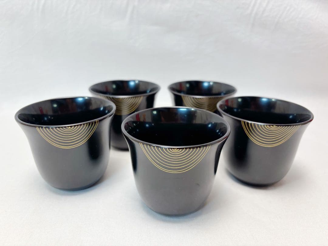 未使用 懐石道具 輪島塗 木製黒真塗 渦蒔絵 箸洗5客揃 小吸物椀 和食器 共箱