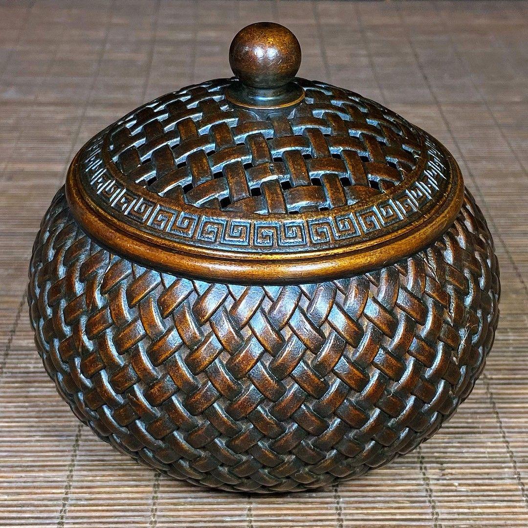 銅 細工 網蓋格子香炉 香道具 銅香炉 現代工芸品 置物