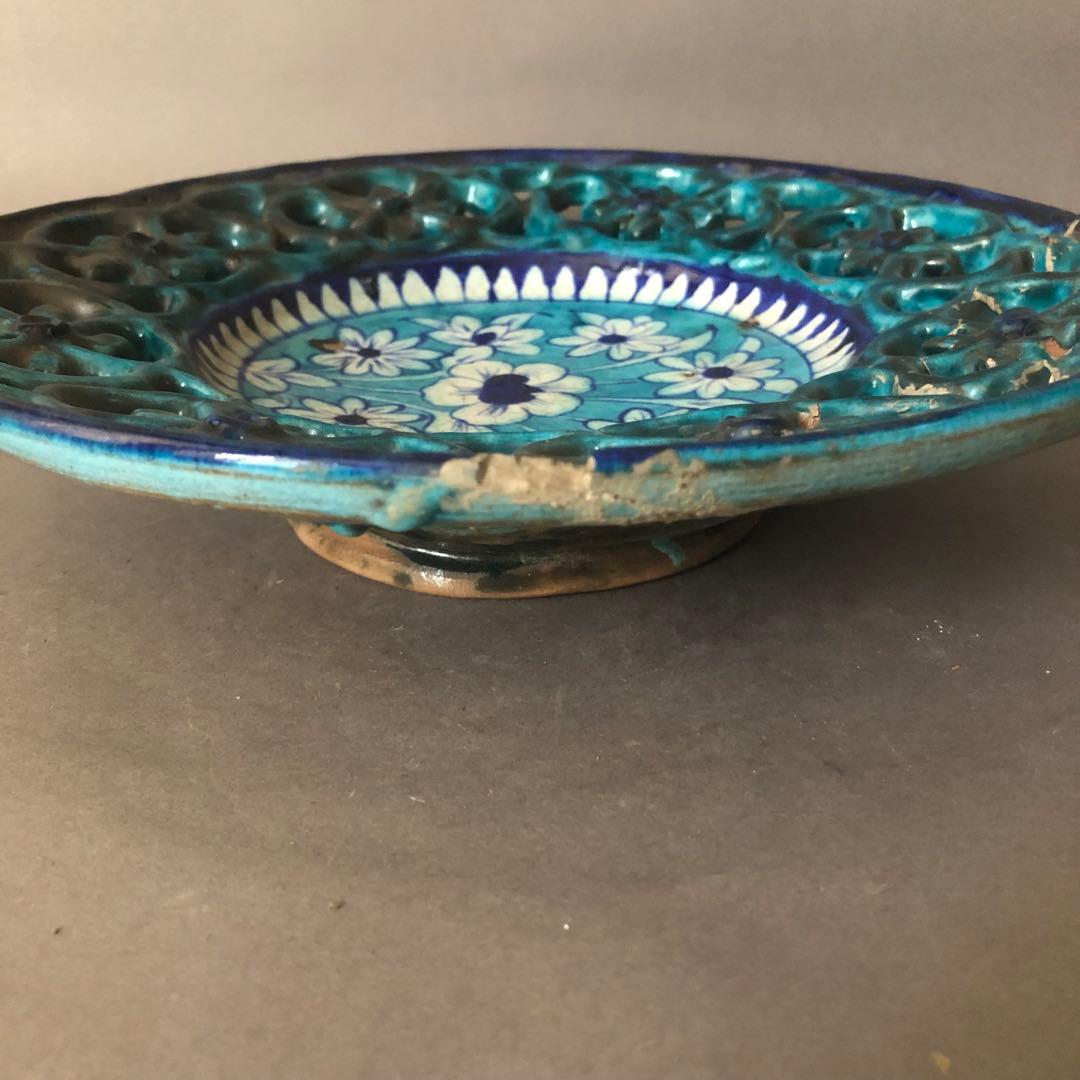 ペルシャ陶器　骨董　青瓷窯　花草文様　飾皿　イスラエル陶器　古美術
