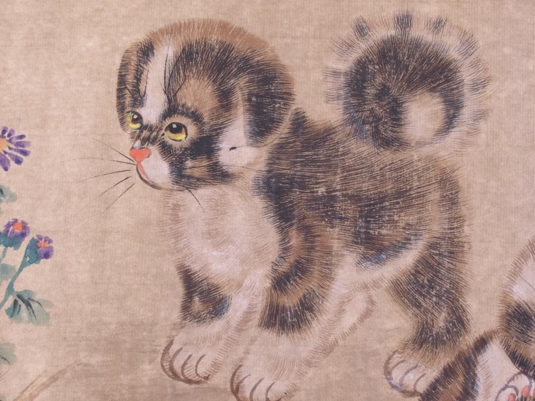 骨董市掘り出し　中国朱春茂作犬図　書道巨匠　肉筆水彩絵掛け軸 R1731C6-3