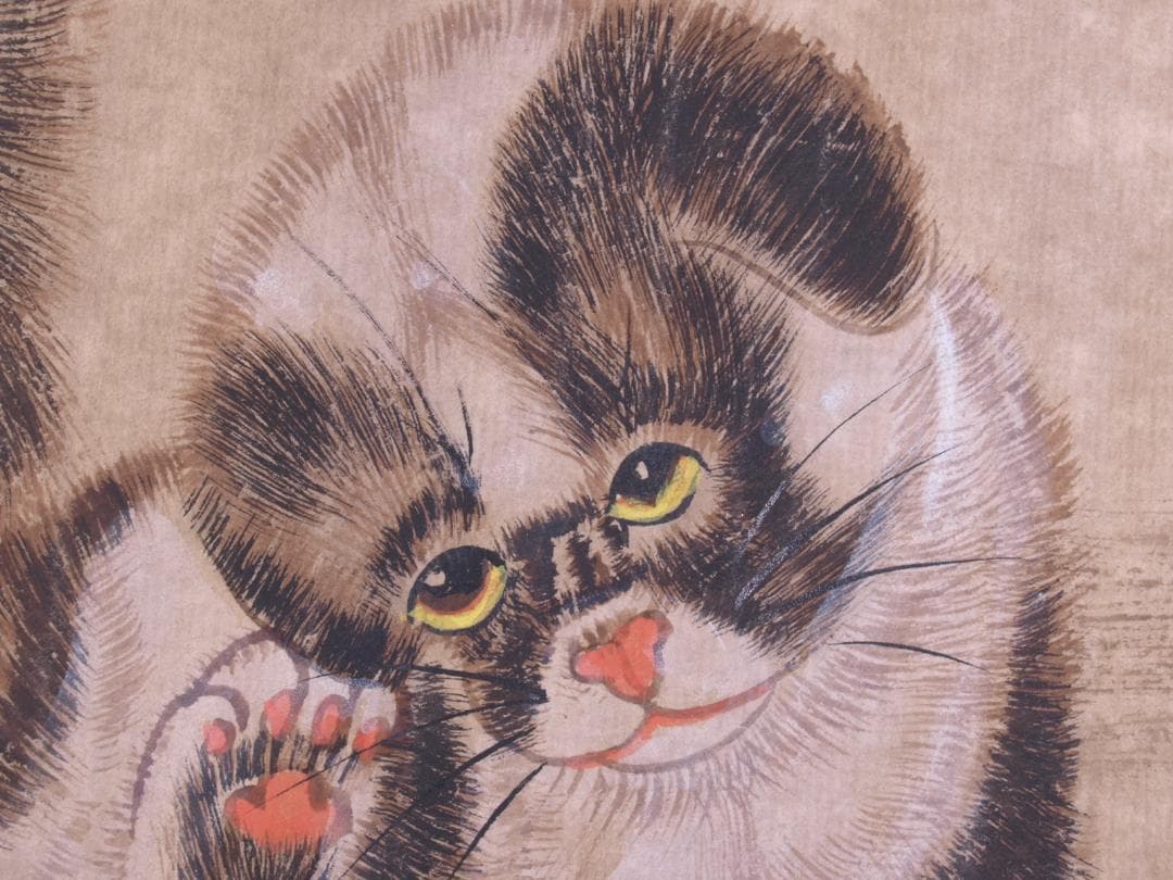 骨董市掘り出し　中国朱春茂作犬図　書道巨匠　肉筆水彩絵掛け軸 R1731C6-3