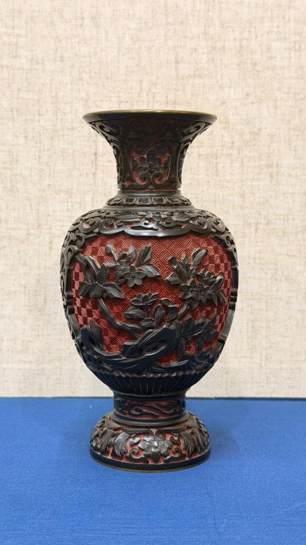 【一点物・古美術】 銅製 堆朱意匠 花鳥文 装飾花瓶｜完形美品