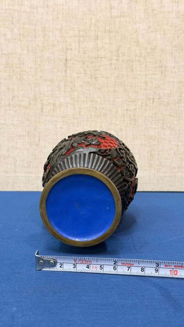 【一点物・古美術】 銅製 堆朱意匠 花鳥文 装飾花瓶｜完形美品