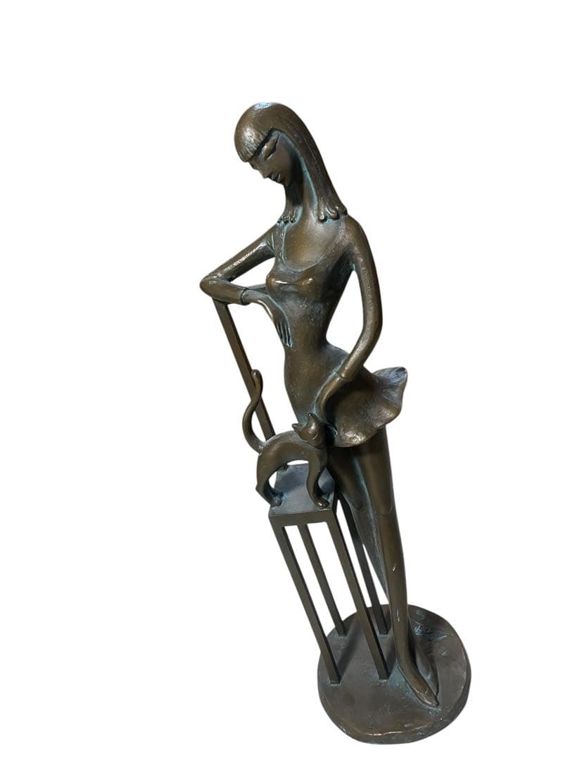 【中古】ブロンズ像「自分の時間」長房一洋作　女性と猫のブロンズ彫刻