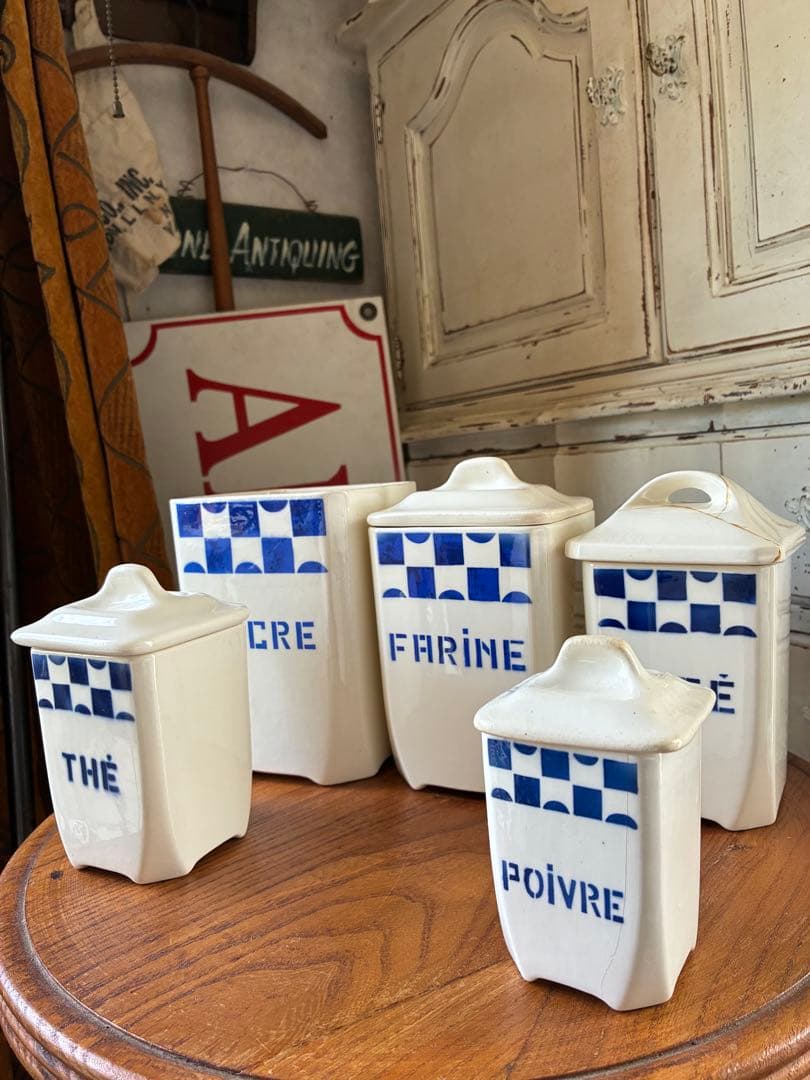 FJアンティーク 陶器　キャニスター　ブルー　市松　バドンヴィレー　レア