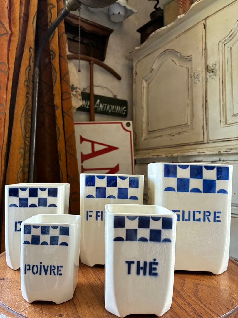 FJアンティーク 陶器　キャニスター　ブルー　市松　バドンヴィレー　レア