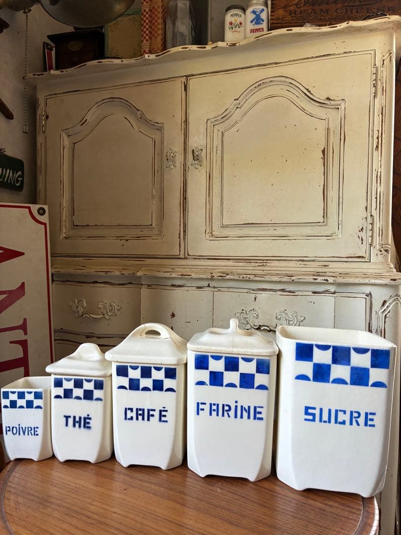 FJアンティーク 陶器　キャニスター　ブルー　市松　バドンヴィレー　レア