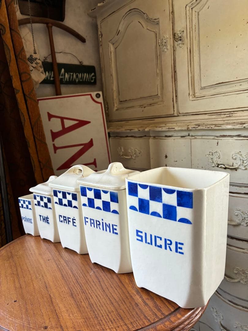 FJアンティーク 陶器　キャニスター　ブルー　市松　バドンヴィレー　レア