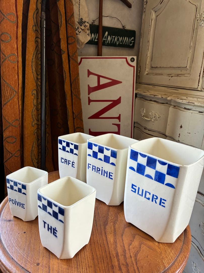 FJアンティーク 陶器　キャニスター　ブルー　市松　バドンヴィレー　レア