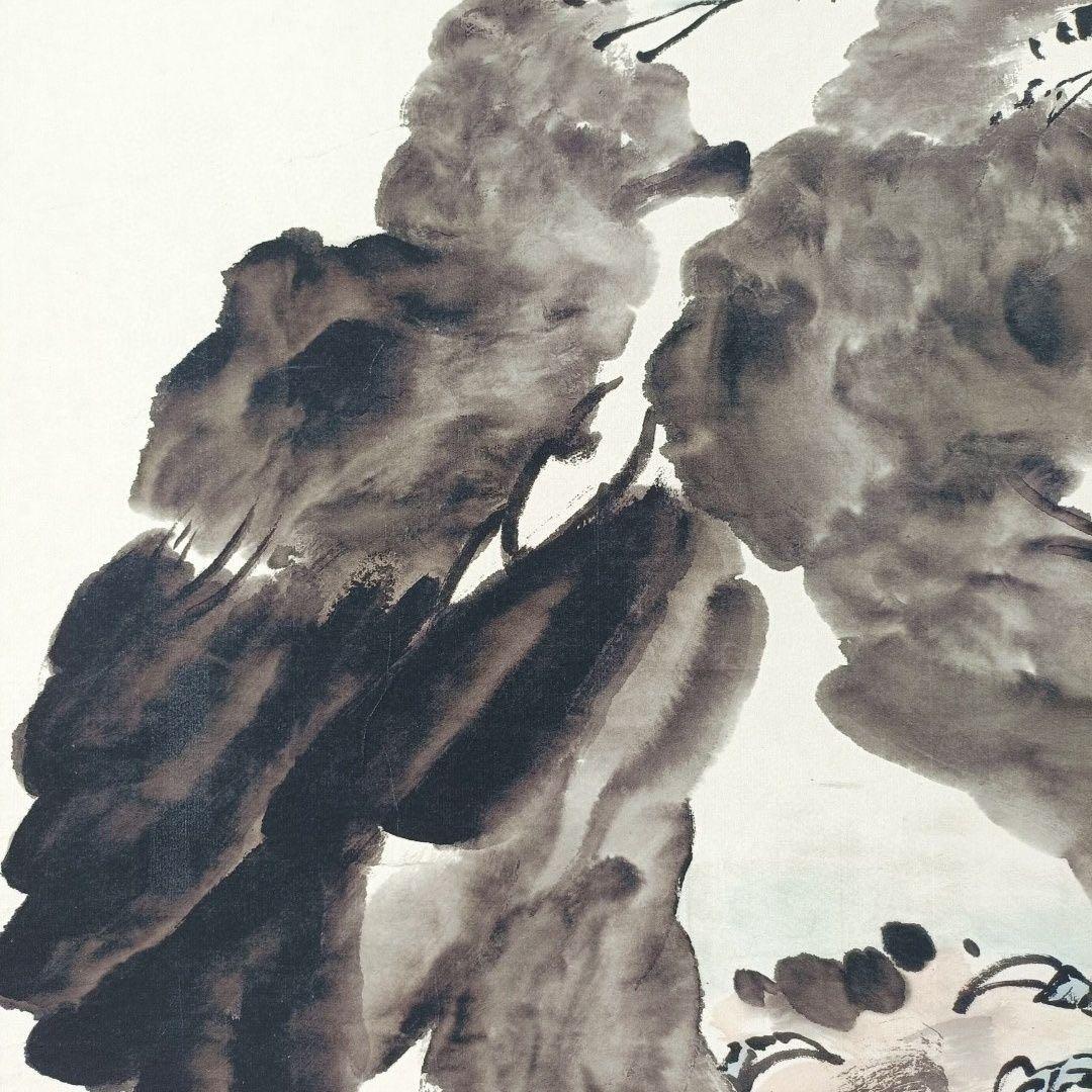 中国水墨画 掛け軸 李苦禅《遠瞻山河》 三尺 中堂掛け軸／装裱済み／実物撮影