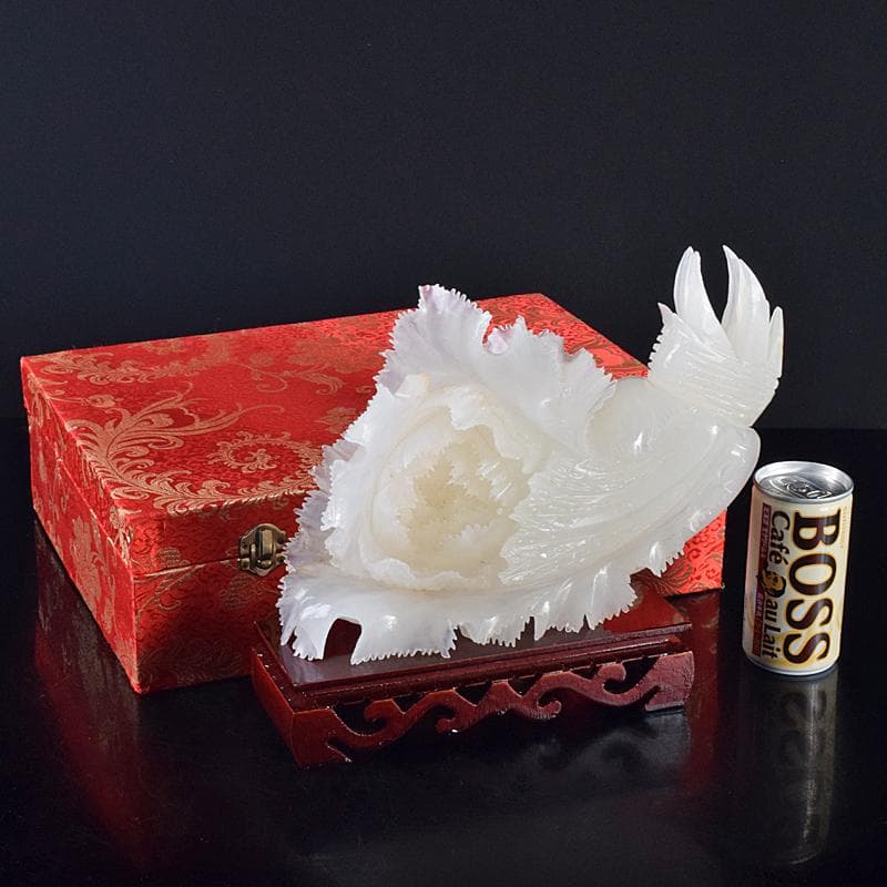 中国　玉石白玉彫刻　白菜　置物　唐木台付　V　R7211B