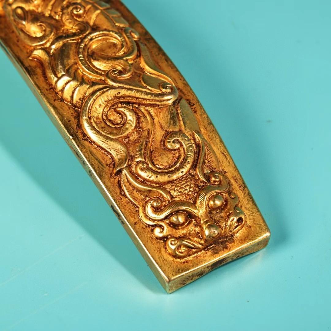 中国古美術・旧蔵龍紋如意腰帯留め・鏨刻鎏金・純銅细密彫・純手作り・高浮彫り・根付