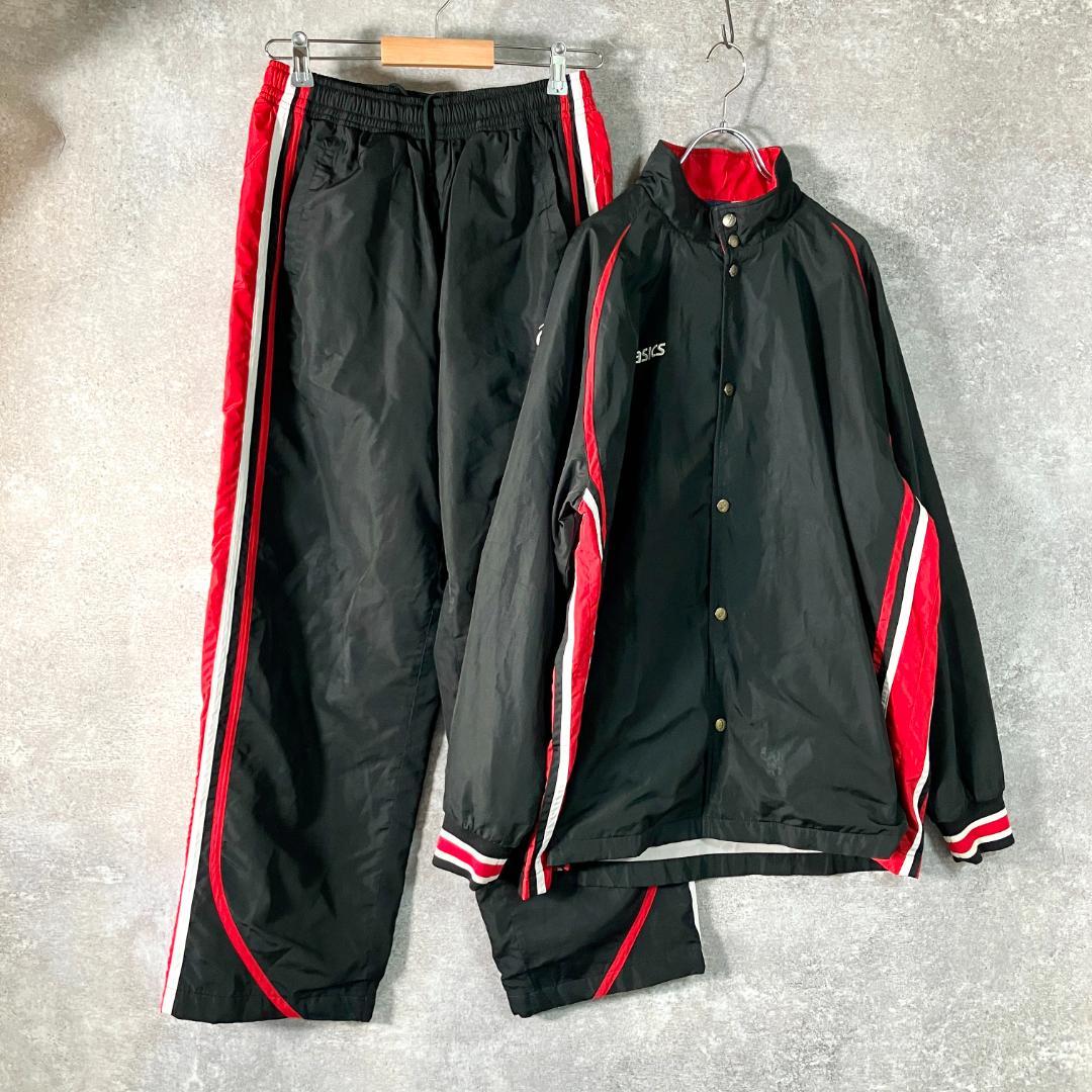 asics　ウィンドブレーカー　セットアップ　ブラック　ボタン　防寒　ロゴ　刺繍