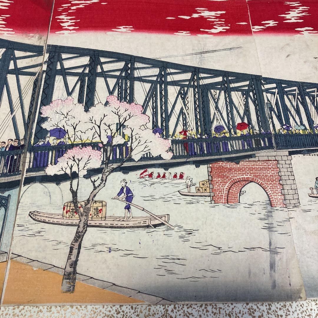 明治　吾妻橋開通風景　版画　古美術